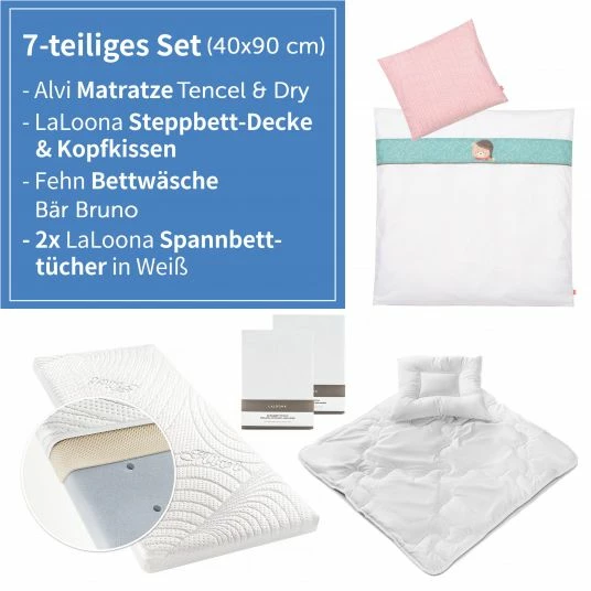New ⌛ Alvi 7-tlg. Komplett-Set für Beistellbett & Wiege 90x40 cm / Matratze + Spannbetttücher + Steppbett-Set + Bettwäsche - Bär Bruno - Weiß ⭐ 2 New ⌛ Alvi 7-tlg. Komplett-Set für Beistellbett & Wiege 90x40 cm / Matratze + Spannbetttücher + Steppbett-Set + Bettwäsche - Bär Bruno - Weiß ⭐ - Image 2