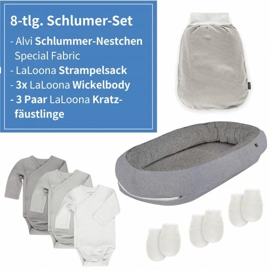 Outlet 🥰 Alvi 8-tlg. Schlummer-Set - Nestchen + 3 Bodys + Strampelsack + 3 Kratzfäustlinge - Grau Weiß 🥰 2 Outlet 🥰 Alvi 8-tlg. Schlummer-Set - Nestchen + 3 Bodys + Strampelsack + 3 Kratzfäustlinge - Grau Weiß 🥰 - Image 2
