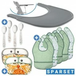 Hot Sale 🥰 Hauck 12-tlg. Esslern-Set für Alpha Plus - Essbrett Click Tray + 2x Teller + 2x Besteck + 5x Klettlätzchen - Grau Salbei 🌟