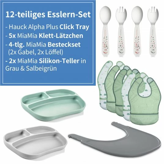 Hot Sale 🥰 Hauck 12-tlg. Esslern-Set für Alpha Plus - Essbrett Click Tray + 2x Teller + 2x Besteck + 5x Klettlätzchen - Grau Salbei 🌟 2 Hot Sale 🥰 Hauck 12-tlg. Esslern-Set für Alpha Plus - Essbrett Click Tray + 2x Teller + 2x Besteck + 5x Klettlätzchen - Grau Salbei 🌟 - Image 2
