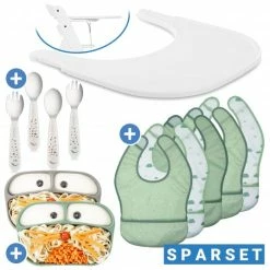 New ⭐ Hauck 12-tlg. Esslern-Set für Alpha Plus - Essbrett Click Tray + 2x Teller + 2x Besteck + 5x Klettlätzchen - Weiß Grau Salbei 🤩