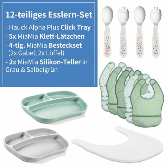 New ⭐ Hauck 12-tlg. Esslern-Set für Alpha Plus - Essbrett Click Tray + 2x Teller + 2x Besteck + 5x Klettlätzchen - Weiß Grau Salbei 🤩 2 New ⭐ Hauck 12-tlg. Esslern-Set für Alpha Plus - Essbrett Click Tray + 2x Teller + 2x Besteck + 5x Klettlätzchen - Weiß Grau Salbei 🤩 - Image 2