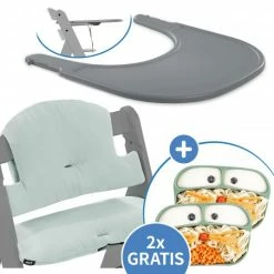 Outlet 🌟 Hauck 5-tlg. Essbrett-Set für Alpha Plus - Click Tray + Sitzkissen + GRATIS 2x Silikon-Teller - Grey Muslin Mint ⭐
