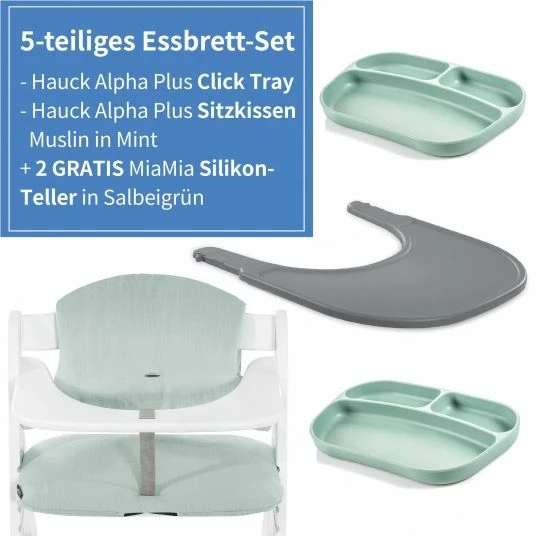 Outlet 🌟 Hauck 5-tlg. Essbrett-Set für Alpha Plus - Click Tray + Sitzkissen + GRATIS 2x Silikon-Teller - Grey Muslin Mint ⭐ 2 Outlet 🌟 Hauck 5-tlg. Essbrett-Set für Alpha Plus - Click Tray + Sitzkissen + GRATIS 2x Silikon-Teller - Grey Muslin Mint ⭐ - Image 2
