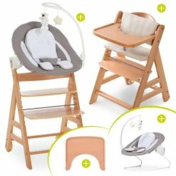 Discount ⌛ Hauck Alpha Move Natur Newborn Set - 5-tlg. Hochstuhl + Aufsatz & Wippe Deluxe, Essbrett, Sitzkissen - Sand ✔️