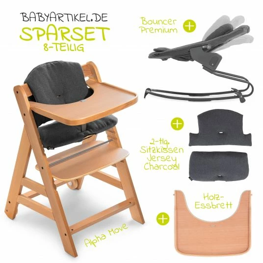 Budget ✨ Hauck Alpha Move Natur Newborn Set - 5-tlg. Hochstuhl + Aufsatz & Wippe Premium, Essbrett, Sitzkissen - Jersey Charcoal ✔️ 2 Budget ✨ Hauck Alpha Move Natur Newborn Set - 5-tlg. Hochstuhl + Aufsatz & Wippe Premium, Essbrett, Sitzkissen - Jersey Charcoal ✔️ - Image 2