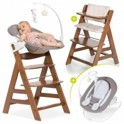 Hot Sale 👍 Hauck Alpha Plus Walnut Newborn Set Deluxe - 4-tlg. Hochstuhl + Neugeborenenaufsatz (Rückenlehne verstellbar) + Sitzkissen 🛒