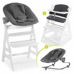 Promo 🎉 Hauck Alpha Plus White Newborn Set - 4-tlg. Hochstuhl + Aufsatz & Wippe Premium Jersey Charcoal + Sitzpolster 💯