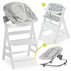 Outlet ⭐ Hauck Alpha Plus White Newborn Set - 4-tlg. Hochstuhl + Aufsatz & Wippe Premium Nordic Grey + Sitzpolster ⌛
