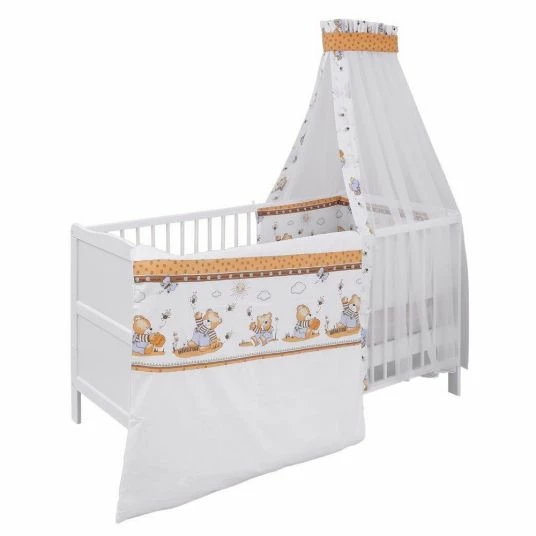 Wholesale ⭐ Jonka Babybett-Komplett-Set Mona inkl. Bettwäsche, Himmel, Nestchen & Matratze 70 x 140 cm - Honigbär - Weiß 👏 1 Wholesale ⭐ Jonka Babybett-Komplett-Set Mona inkl. Bettwäsche, Himmel, Nestchen & Matratze 70 x 140 cm - Honigbär - Weiß 👏