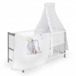 Best Pirce 🔥 Jonka Babybett-Komplett-Set Moritz inkl. Bettwäsche, Himmel, Nestchen & Matratze 70 x 140 cm 70 x 140 cm - BW Dumbo - Weiß Grau ⭐