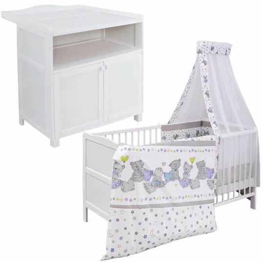 Best Pirce ✔️ Jonka Kinderzimmer Sparset Mona mit Bett, Wickelkommode, Bettwäsche, Himmel,Nestchen, Matratze 70x140 cm - Kuschelbären - Weiß - Collection 2022 🛒 1 Best Pirce ✔️ Jonka Kinderzimmer Sparset Mona mit Bett, Wickelkommode, Bettwäsche, Himmel,Nestchen, Matratze 70x140 cm - Kuschelbären - Weiß - Collection 2022 🛒