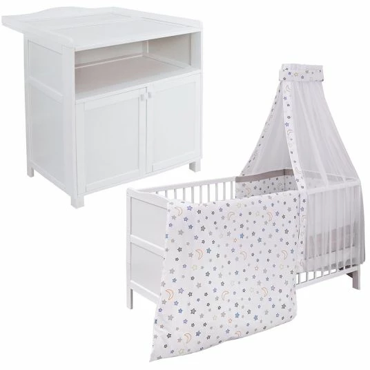 Outlet 😀 Jonka Kinderzimmer Sparset Mona mit Bett, Wickelkommode, Bettwäsche, Himmel, Nestchen, Matratze 70x140 cm - Nachthimmel - Weiß - Collection 2022 ✨ 1 Outlet 😀 Jonka Kinderzimmer Sparset Mona mit Bett, Wickelkommode, Bettwäsche, Himmel, Nestchen, Matratze 70x140 cm - Nachthimmel - Weiß - Collection 2022 ✨