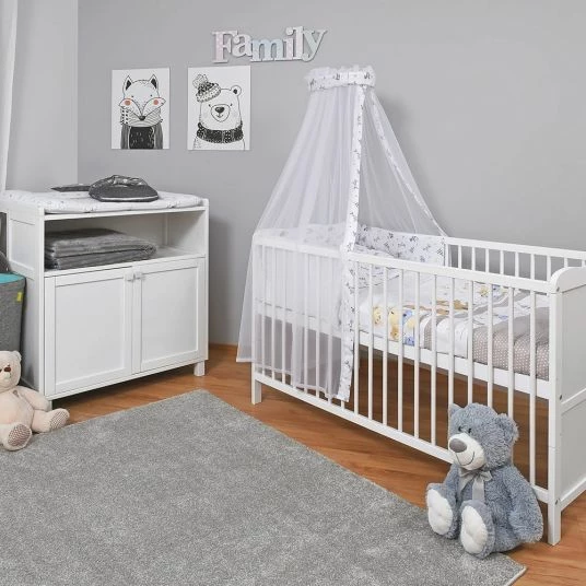 New ⌛ Jonka Kinderzimmer Sparset Mona mit Bett, Wickelkommode, Bettwäsche, Himmel, Nestchen & Matratze 70x140 cm - Spielbär - Weiß 😀 1 New ⌛ Jonka Kinderzimmer Sparset Mona mit Bett, Wickelkommode, Bettwäsche, Himmel, Nestchen & Matratze 70x140 cm - Spielbär - Weiß 😀