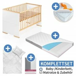 Best Sale 🧨 Schardt 7-tlg. Kinderbett Set Komfort inkl. Matratze, Steppbett 100x135+40x40, 2x Bettlaken, Einlage 70 x 140 cm - Natur Weiß 😀