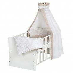 Discount 🤩 Schardt Babybett-Komplett-Set Classic-Line inkl. Bettwäsche, Himmel, Nestchen & Matratze Weiß 70 x 140 cm - Origami - Beige - Collection 2022 👍